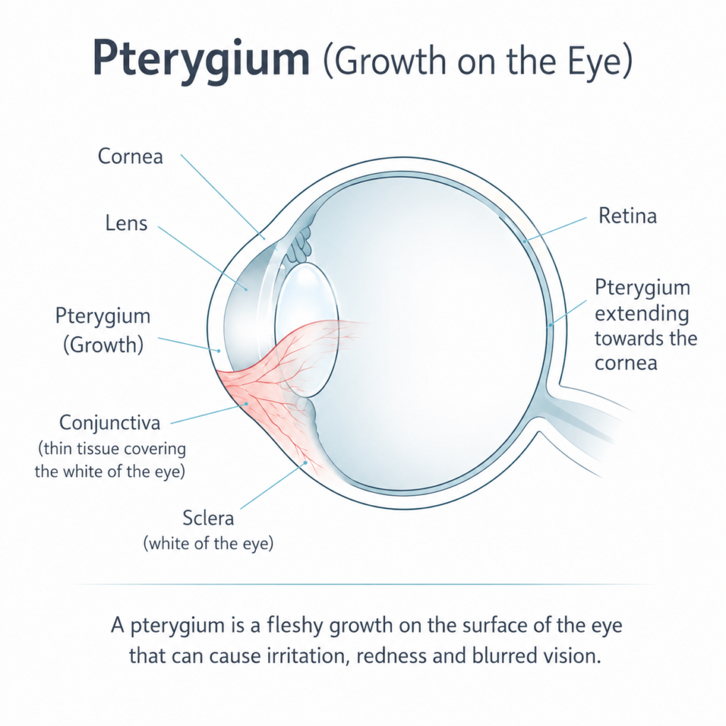 Cross‑section eye diagram showing a pterygium growing from the conjunctiva toward the cornea with labeled parts (cornea, lens, retina, sclera).