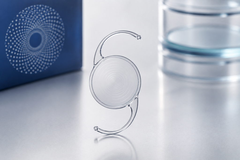 Clear contact lens on a curved stand in a laboratory setting with a blue patterned box and glassware in the background