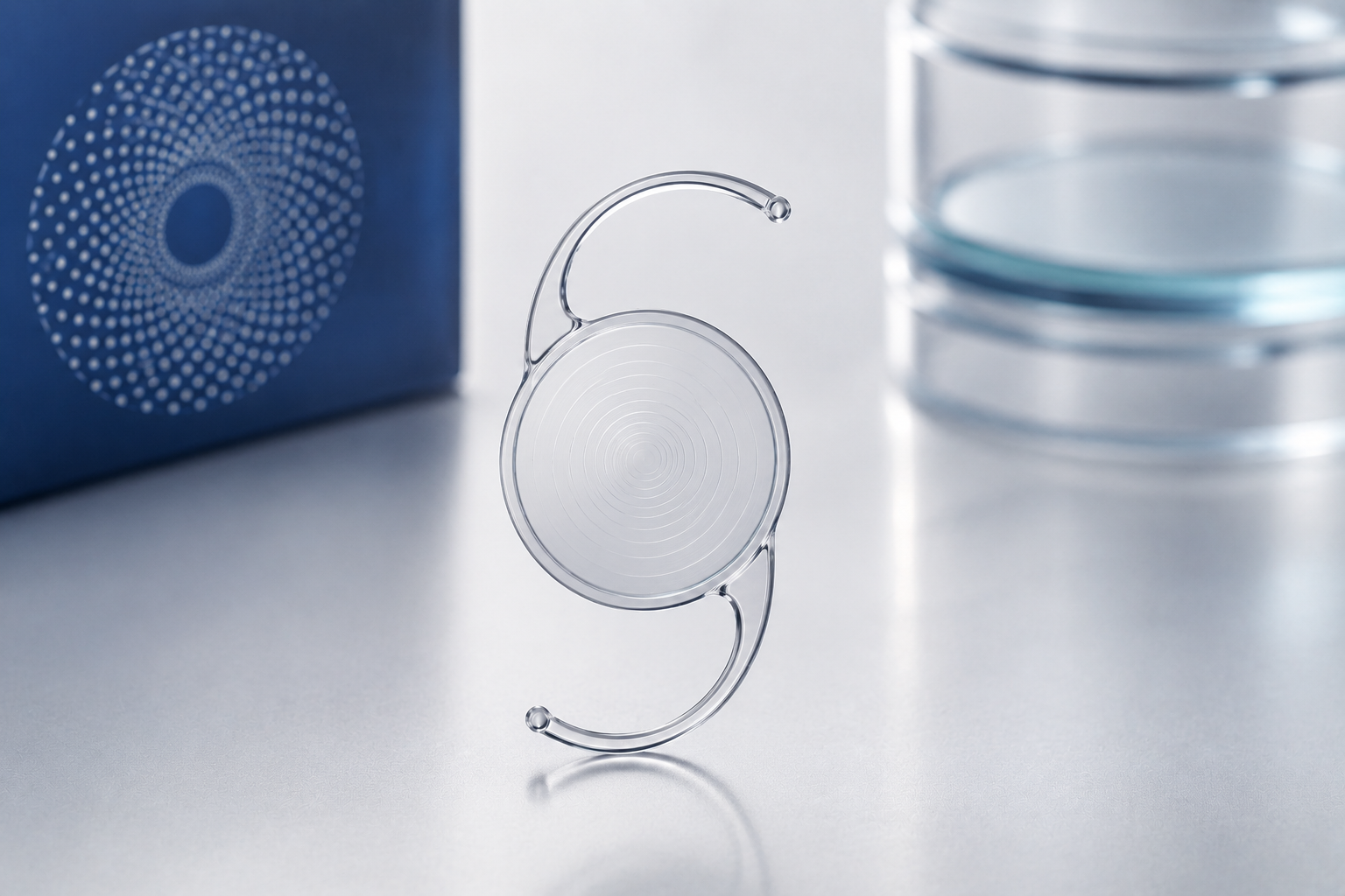 Clear contact lens on a curved stand in a laboratory setting with a blue patterned box and glassware in the background