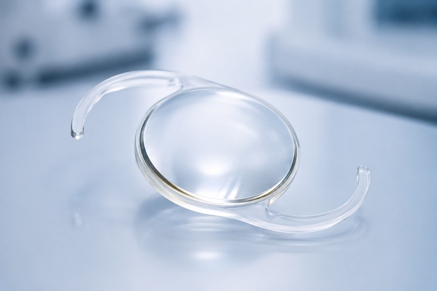 Close-up of a clear contact lens resting on a glossy blue surface.