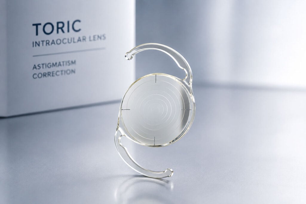 Clear toric intraocular lens displayed with a curved, transparent frame; box in the background reads 'TORIC INTRAOCULAR LENS' and 'ASTIGMATISM CORRECTION'