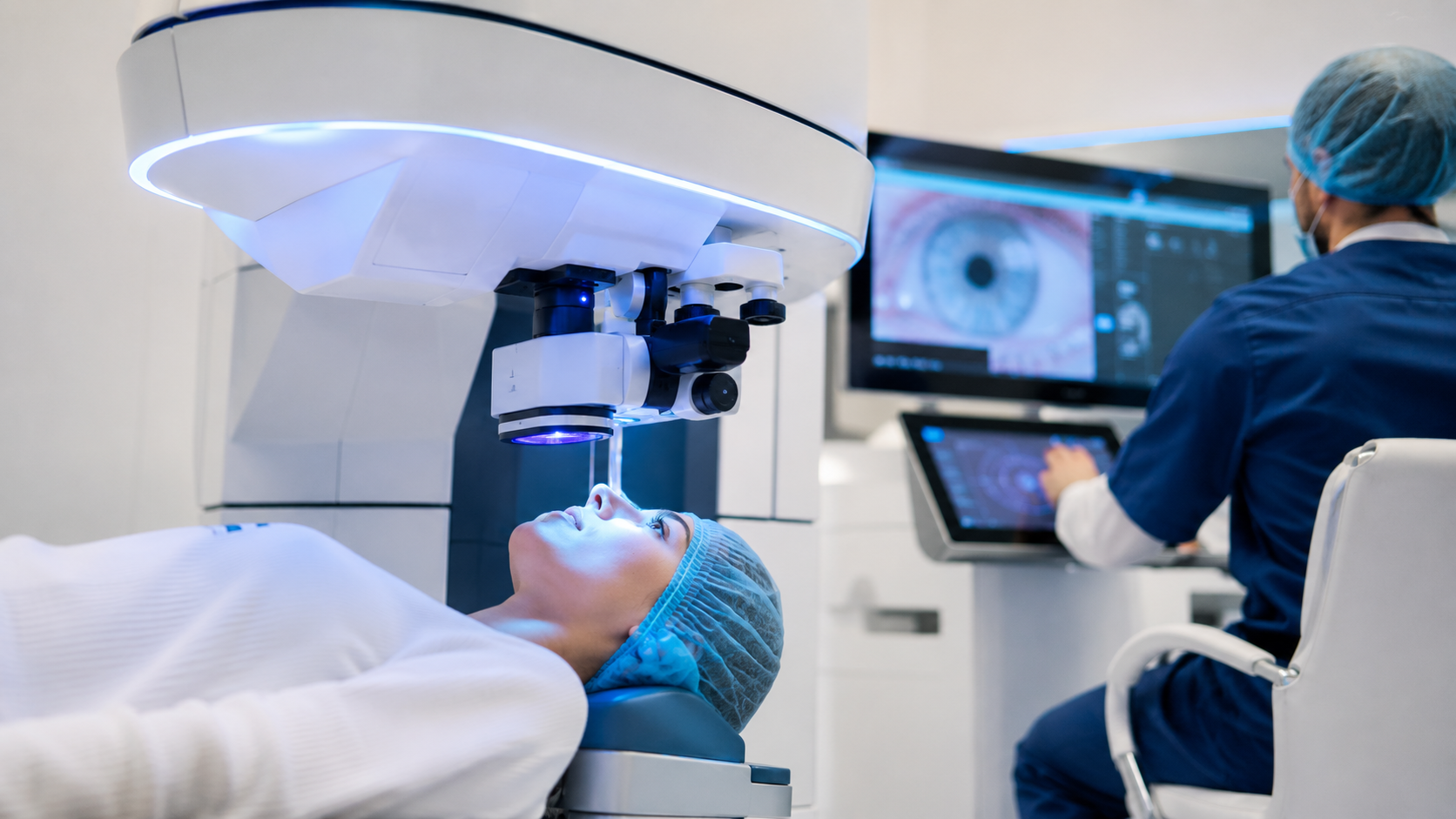 Patient undergoing eye surgery with a robotic microscope, lying on the chair under a large illuminated device while a clinician monitors screens nearby