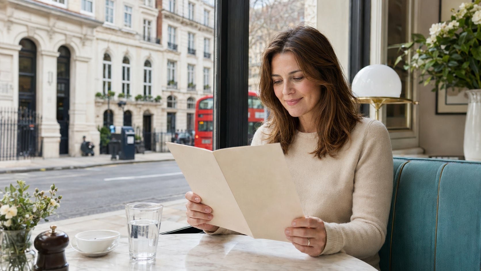 Woman in a cream sweater sits at a marble table in a cafe, reading a menu by a window with a city street outside (red bus visible).